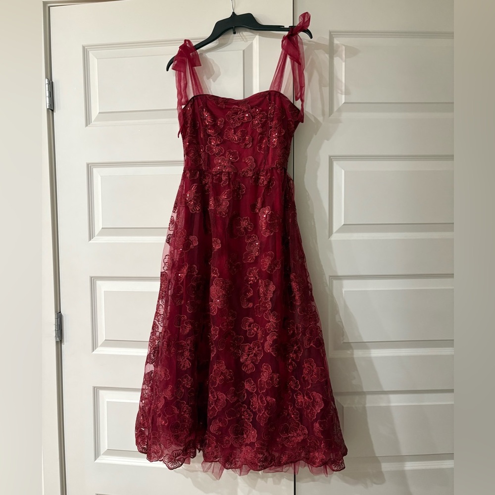 Lulu’s Charming Expression Wine Red Floral Sequin Tie-Strap Midi Dress